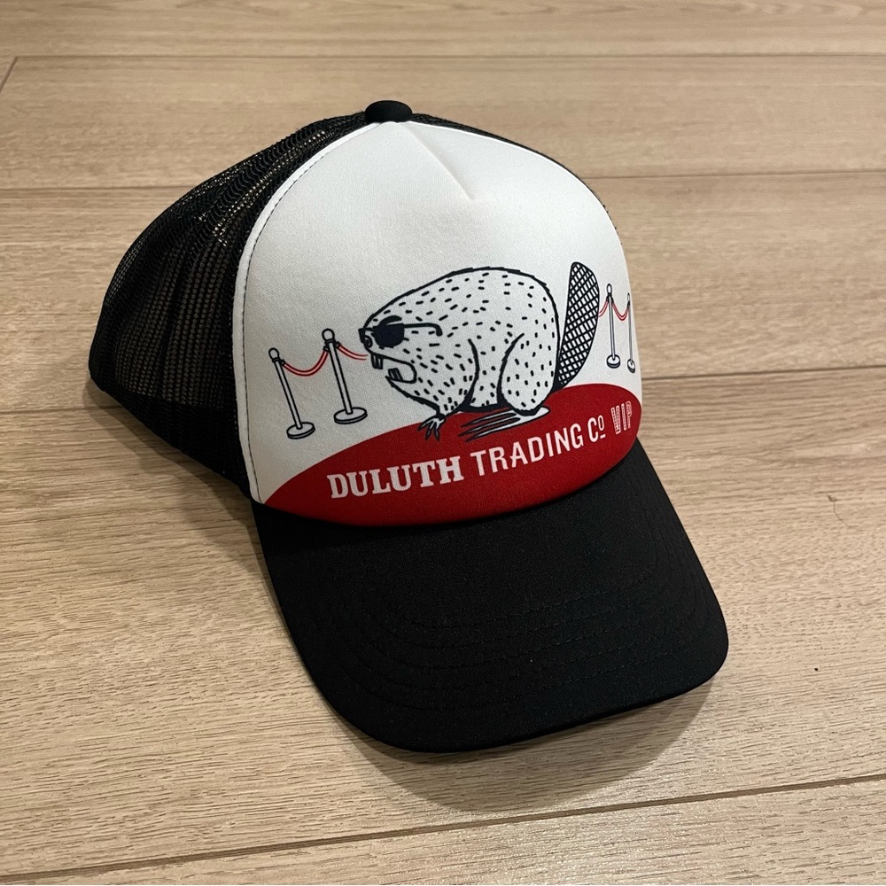 Duluth Trading Co Black, White & Red Trucker Cap with Beaver Graphic